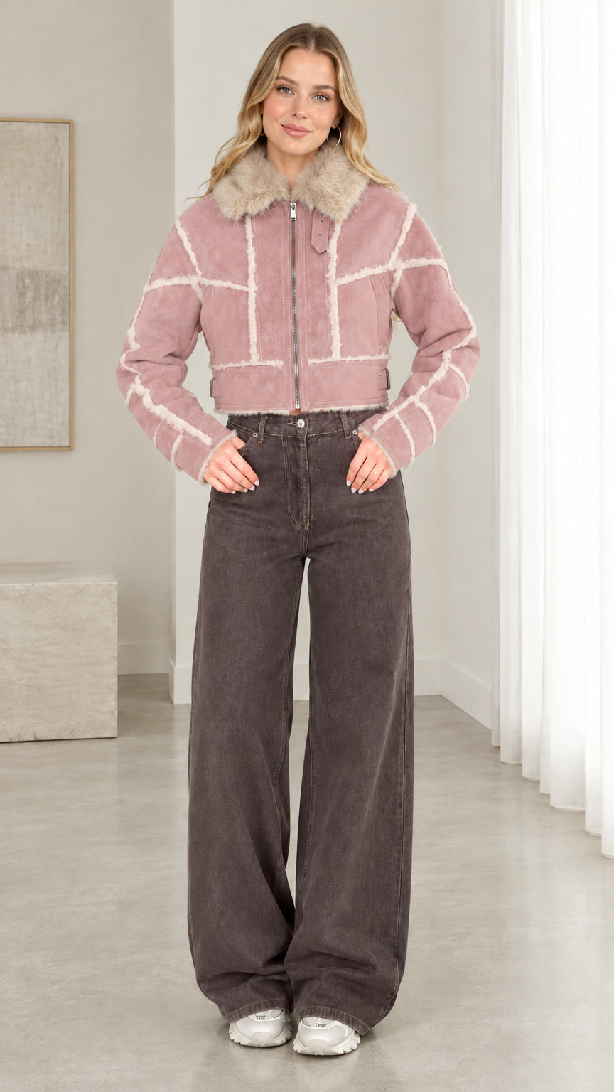 Model wearing dusty pink cropped faux suede shearling jacket