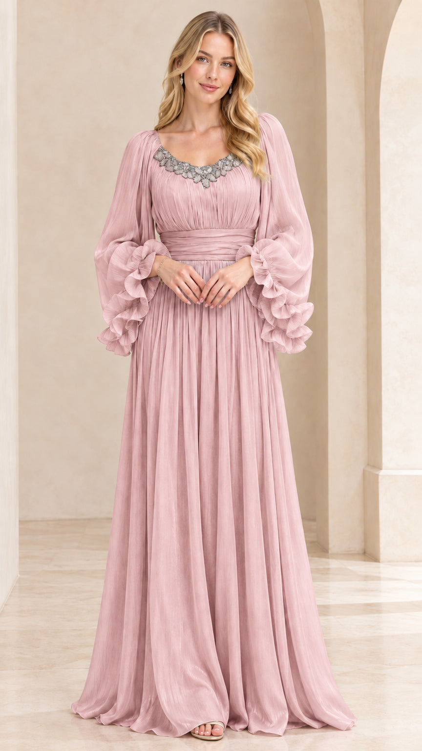 Front view of model wearing Blush Pink pleated chiffon maxi dress with embellished neckline