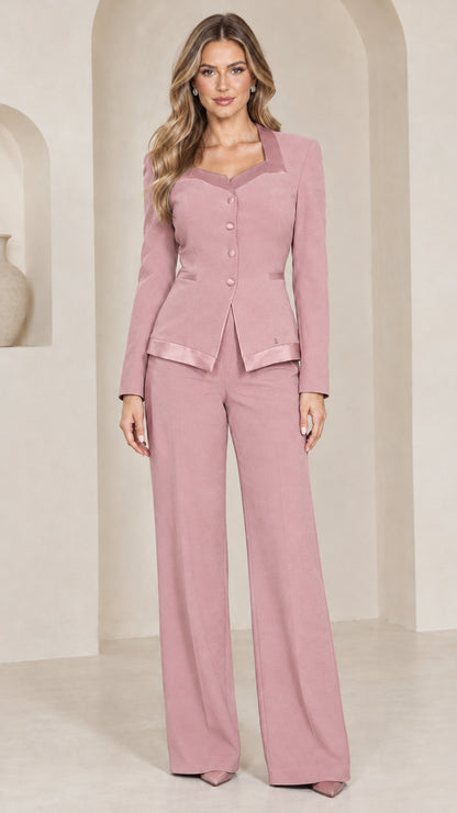 Front view of dusty pink satin-trimmed two-piece blazer and trouser suit set
