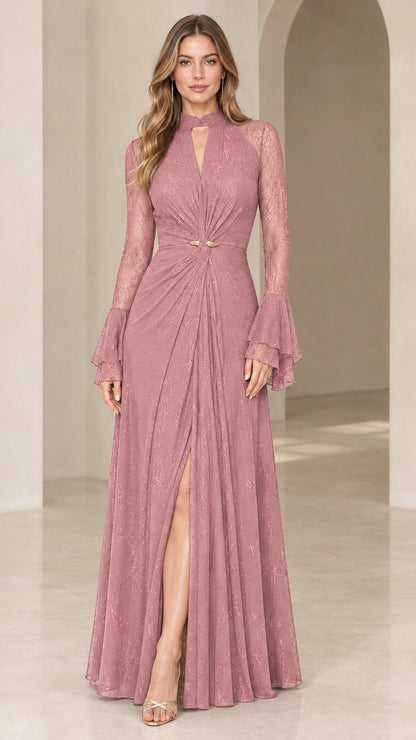Dusty Rose lace evening dress with cinched waist hardware and flared bell sleeves