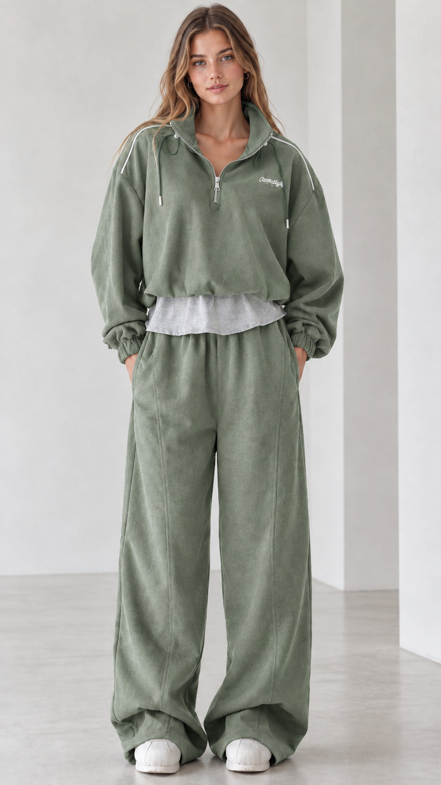 Women's sage green two-piece half-zip sweatshirt and wide-leg loungewear set