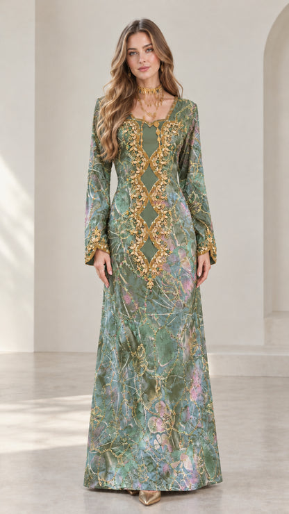 Front full-length view of sage green embellished long sleeve kaftan dress