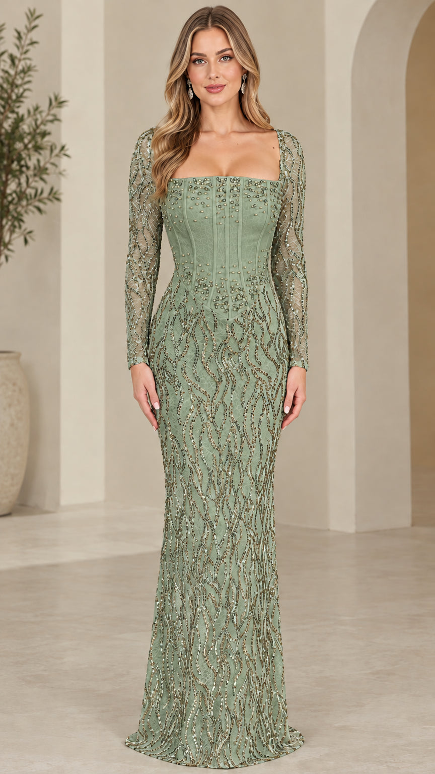 Front view of sage green sequin corset evening maxi dress
