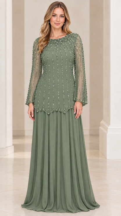 Front view of woman wearing Sage Green beaded long sleeve evening gown