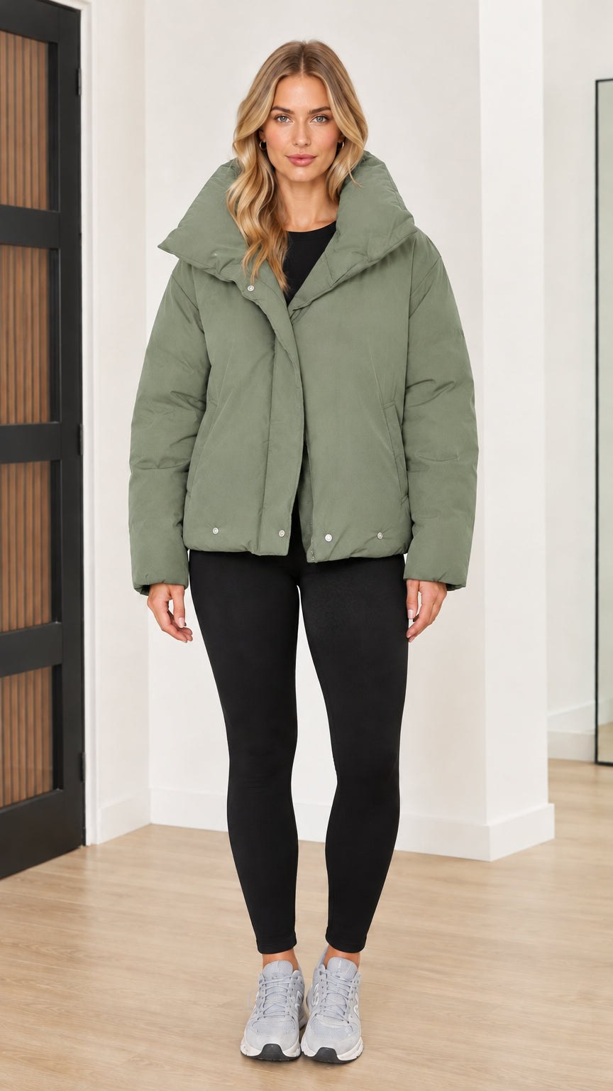 Front view of woman wearing sage green funnel collar puffer jacket