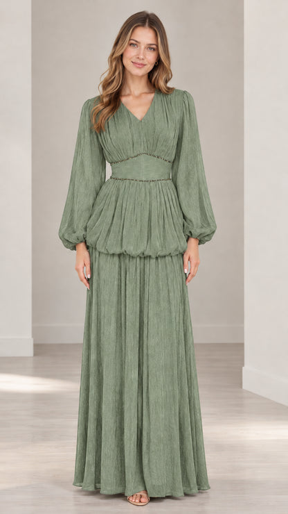 Front full view of sage green pleated long sleeve maxi dress