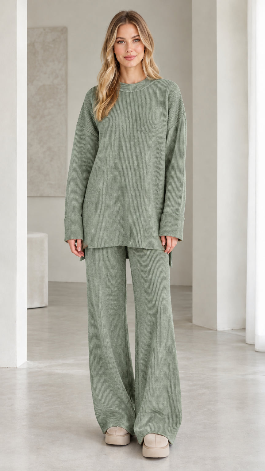 Model wearing sage green ribbed knit two-piece lounge set
