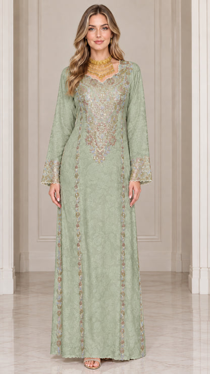 Front full-length view of sage green embroidered long sleeve maxi kaftan dress