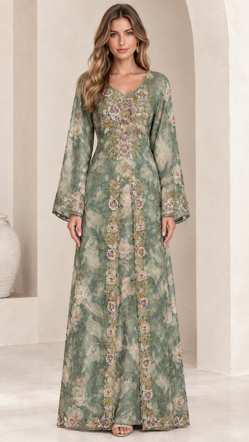 Front view of sage green floral embroidered bell sleeve maxi dress