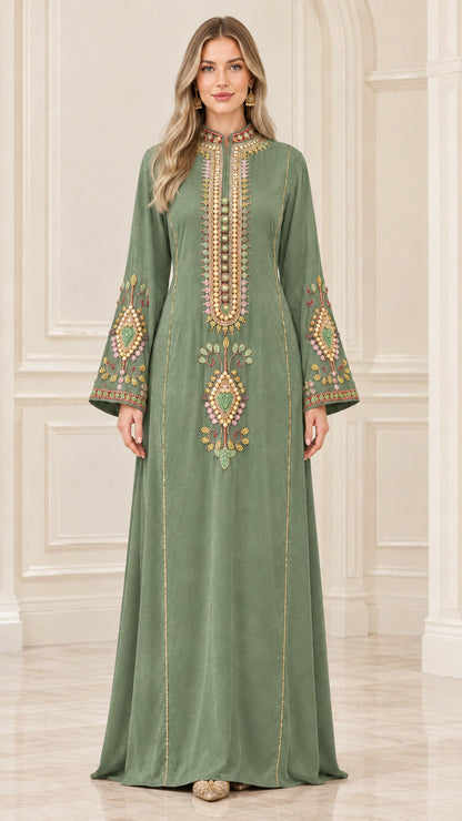 Full front view of sage green velvet embroidered long sleeve kaftan dress