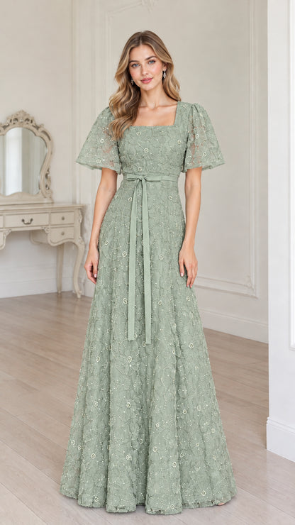 Full-length sage green square neck flutter sleeve lace gown