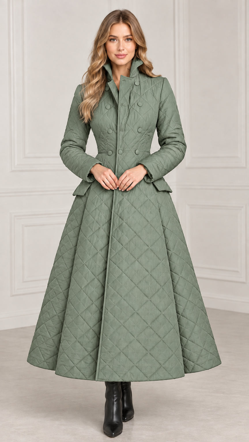 Model wearing sage green diamond quilted A-line long coat