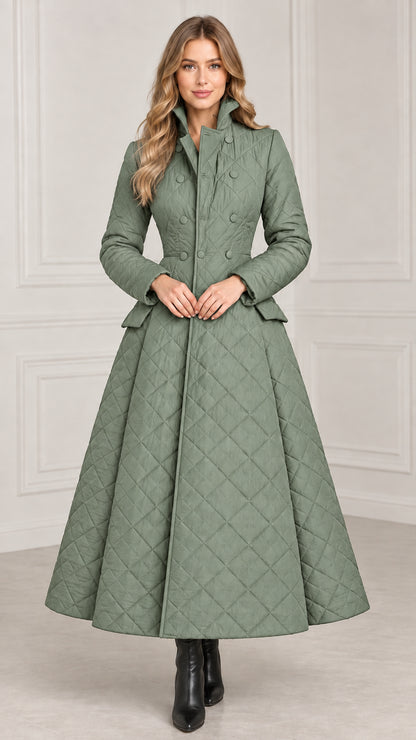 Model wearing sage green diamond quilted A-line long coat