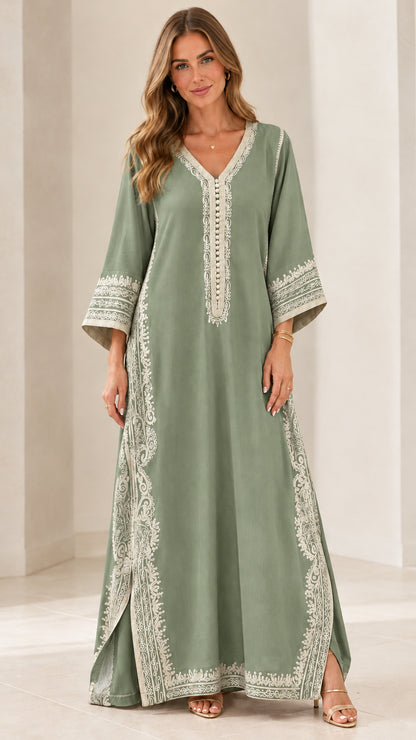 Full-length front view of sage green embroidered kaftan maxi dress