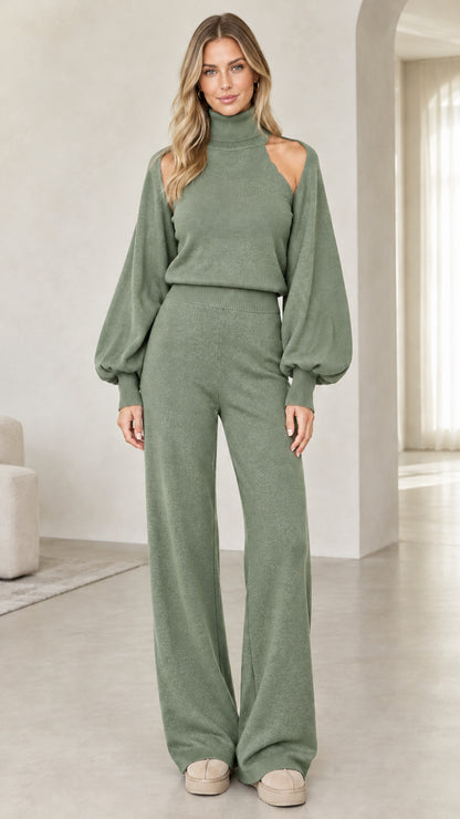 Sage green two-piece cutout sweater and wide-leg knit lounge set
