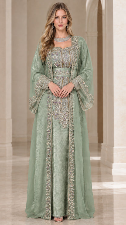 Full front view of sage green embroidered kaftan maxi dress