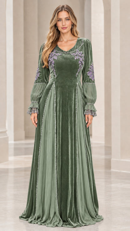 Model wearing Sage Green embroidered velvet maxi dress