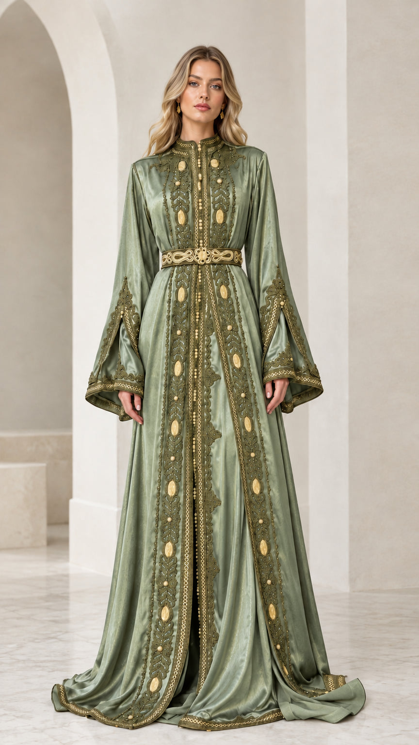 Full front view of Sage Green embroidered metallic kaftan evening dress