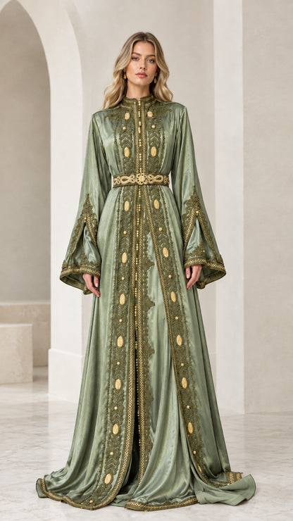 Full front view of Sage Green embroidered metallic kaftan evening dress