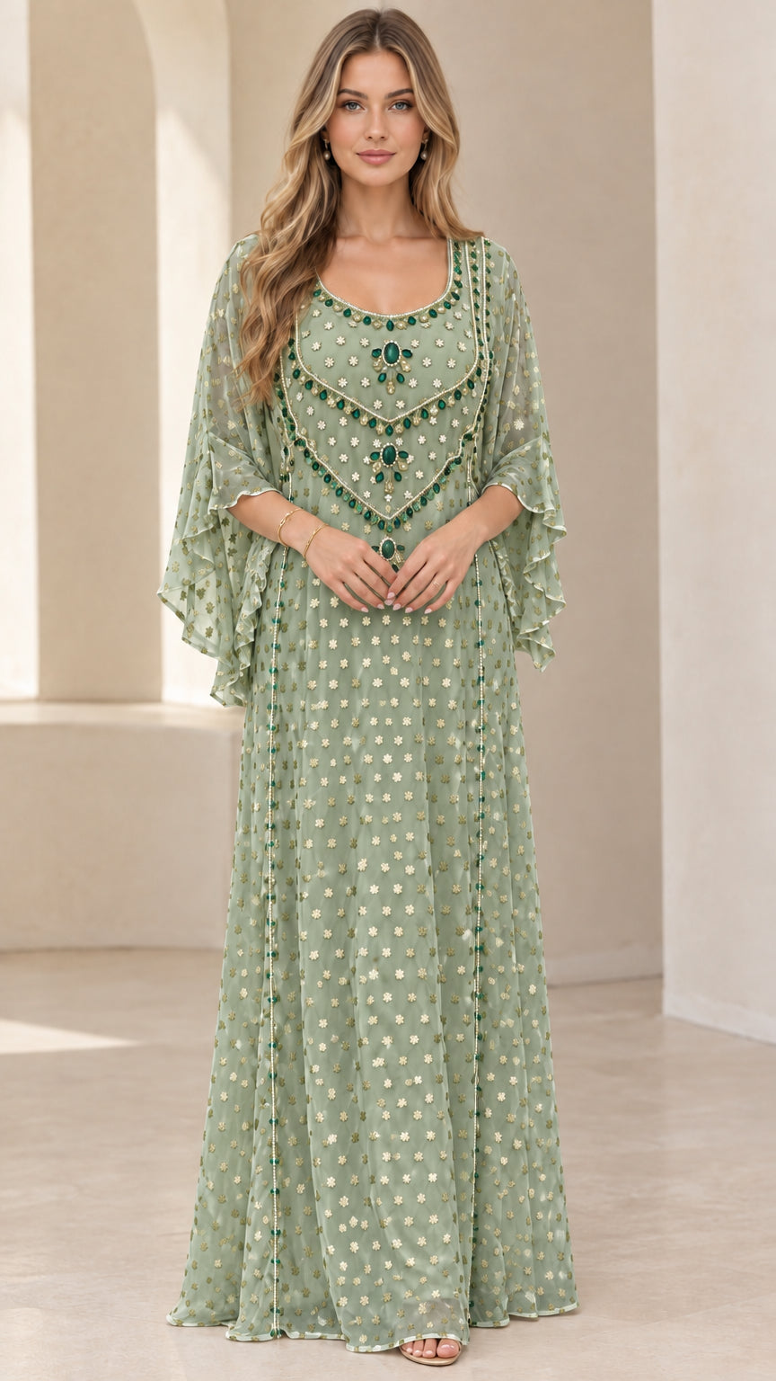 Full-length front view of embellished kaftan maxi dress in sage green