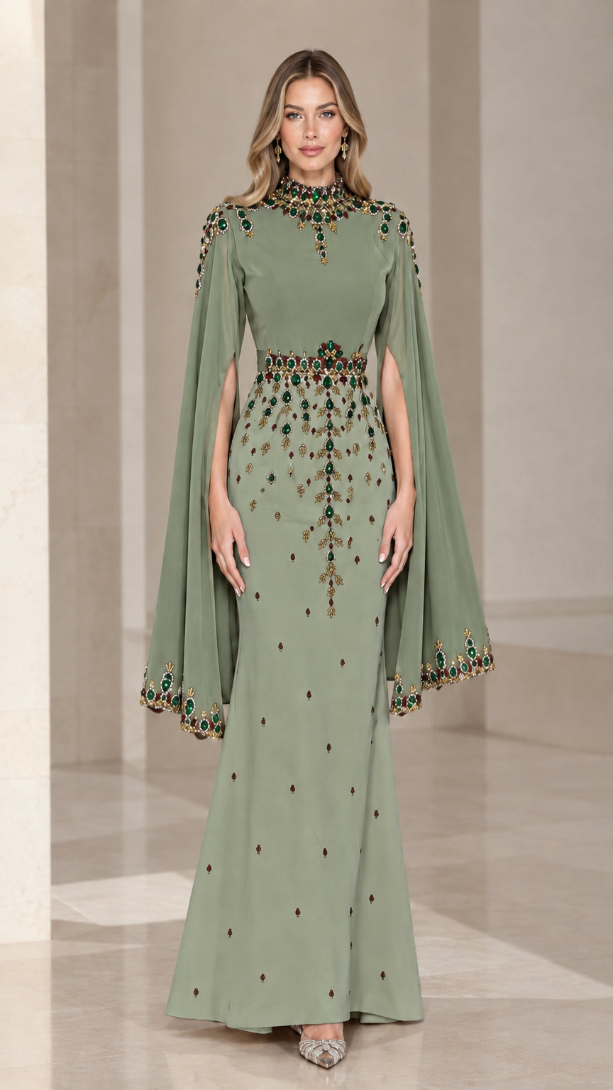 Front view of sage green cape sleeve formal dress with crystal beadwork