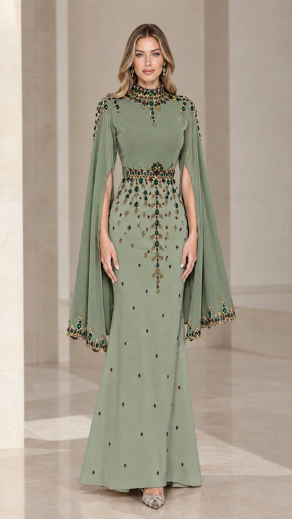 Front view of sage green cape sleeve formal dress with crystal beadwork