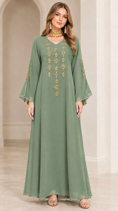 Full-length front view of model wearing Sage Green embroidered maxi abaya dress