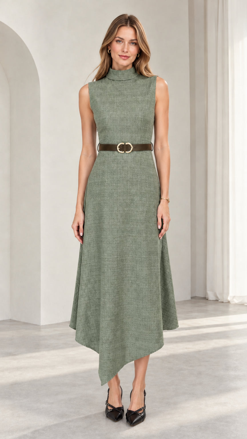 Model wearing sage green sleeveless mock neck asymmetrical midi dress