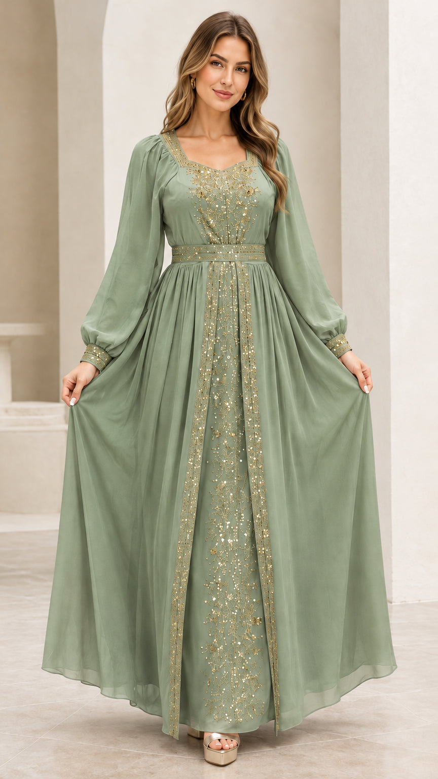 Front view of Sage Green pleated long sleeve maxi evening gown with gold accents