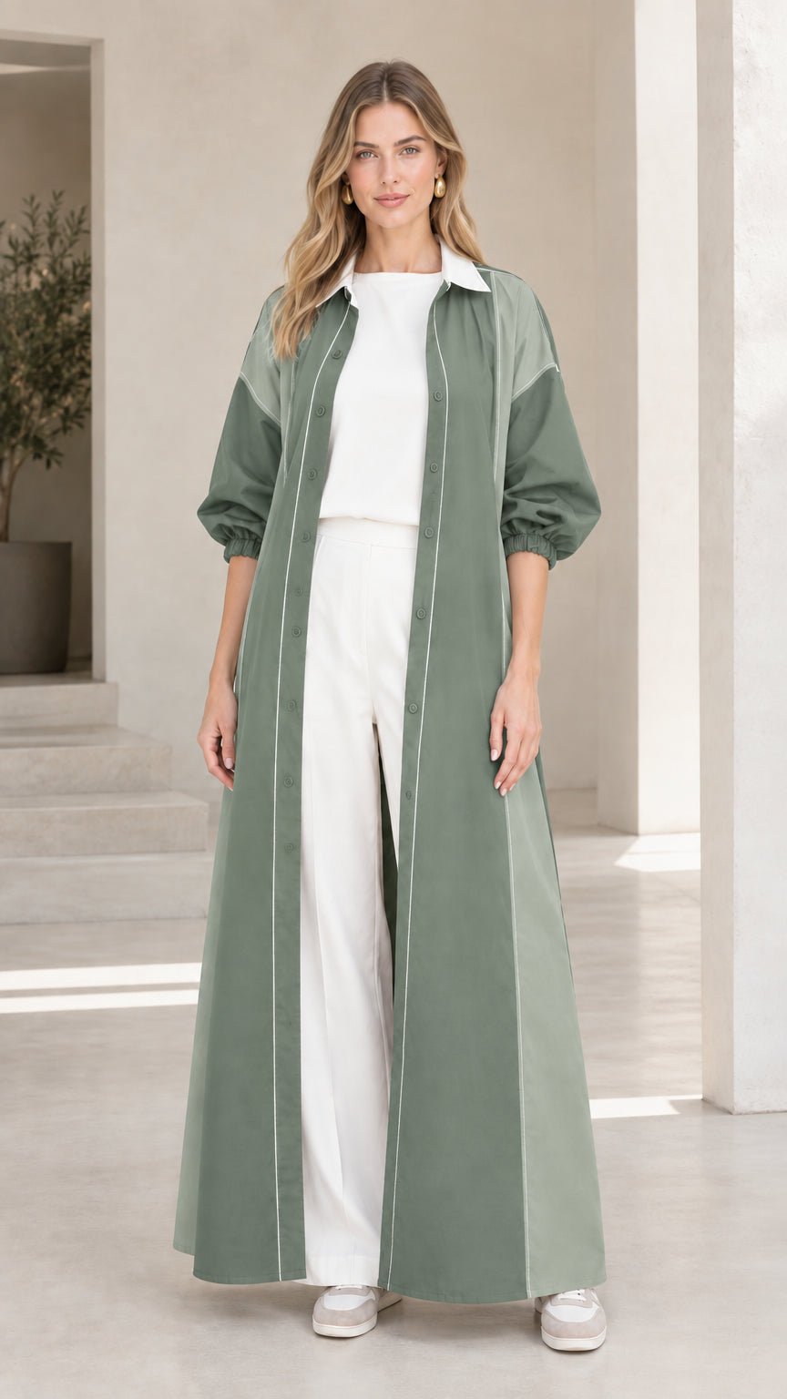 Sage Green colorblock maxi duster shirt dress on model