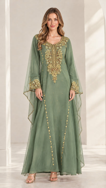 Sage green embroidered cape sleeve chiffon maxi kaftan dress
