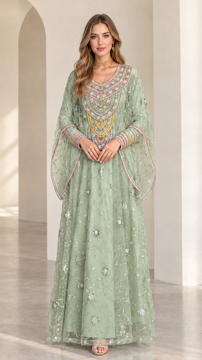 Full front view of sage green embroidered cape sleeve kaftan maxi dress