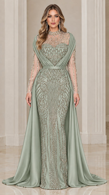 Sage green illusion neckline evening dress with beaded embroidery and satin cape train