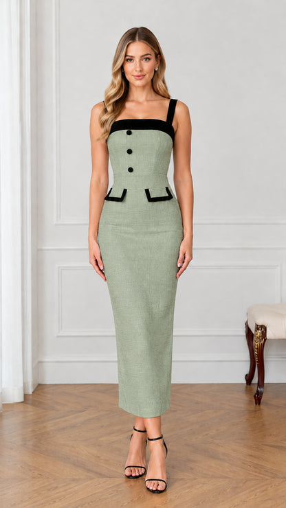 Sage green tweed midi pencil dress with black square neckline and buttons