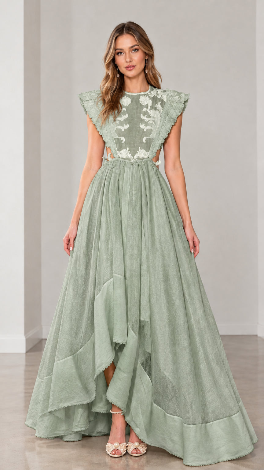 Sage Green embroidered bodice flutter sleeve formal maxi gown