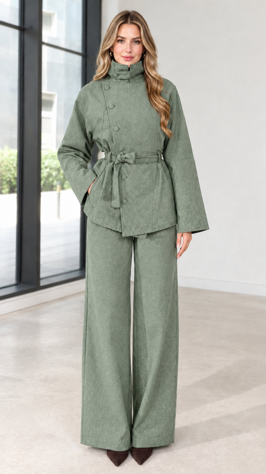 Full view of women's sage green asymmetrical belted jacket and wide-leg pants set