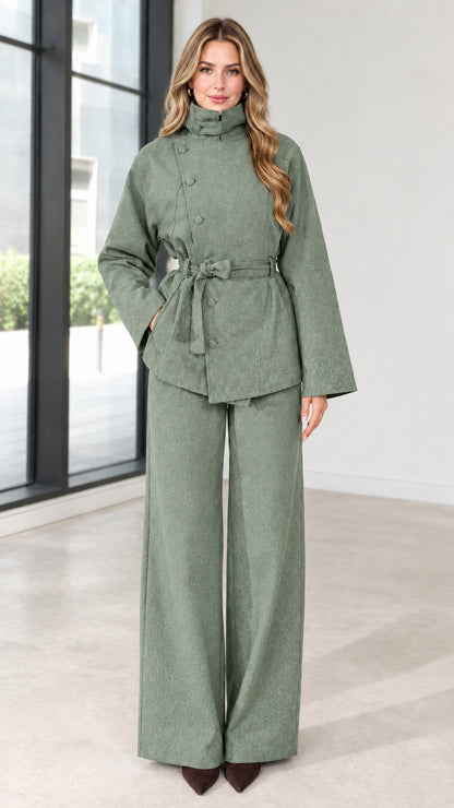 Full view of women's sage green asymmetrical belted jacket and wide-leg pants set