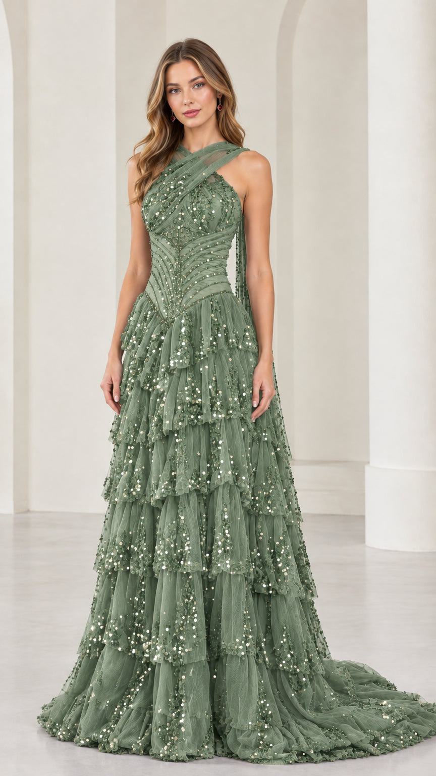 Sage green halter cross-neck tiered sequin formal dress