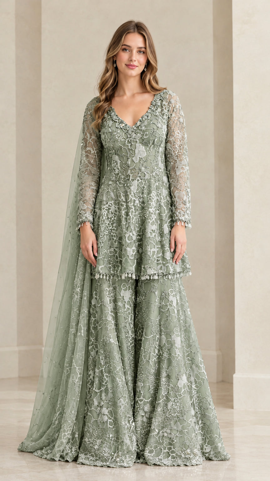 Sage green embroidered peplum tunic and wide-leg sharara pants set