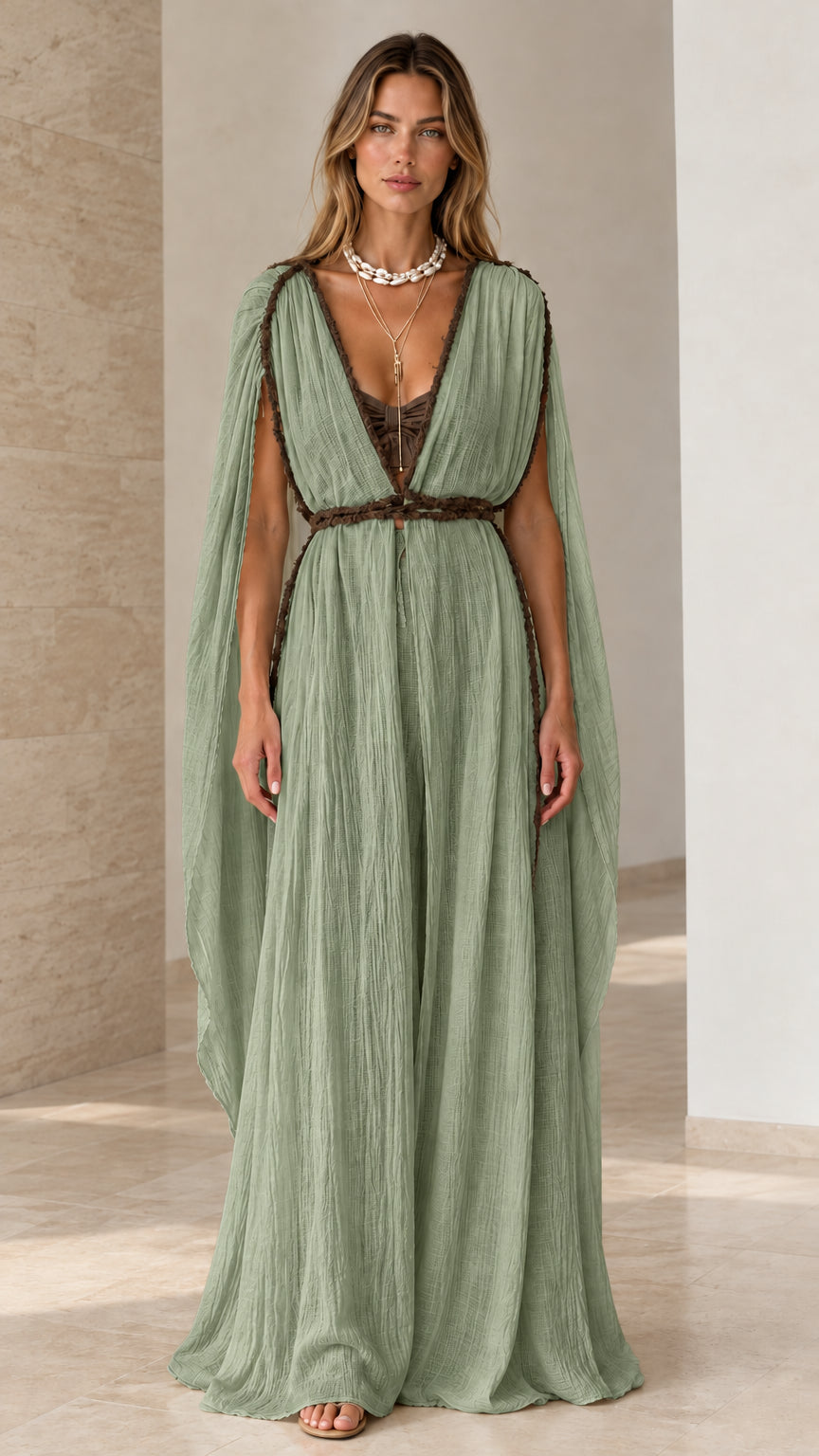 Sage green bohemian cape sleeve maxi dress with braided waist tie