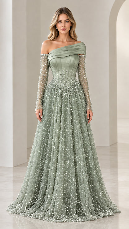 Sage green asymmetrical beaded long sleeve evening dress