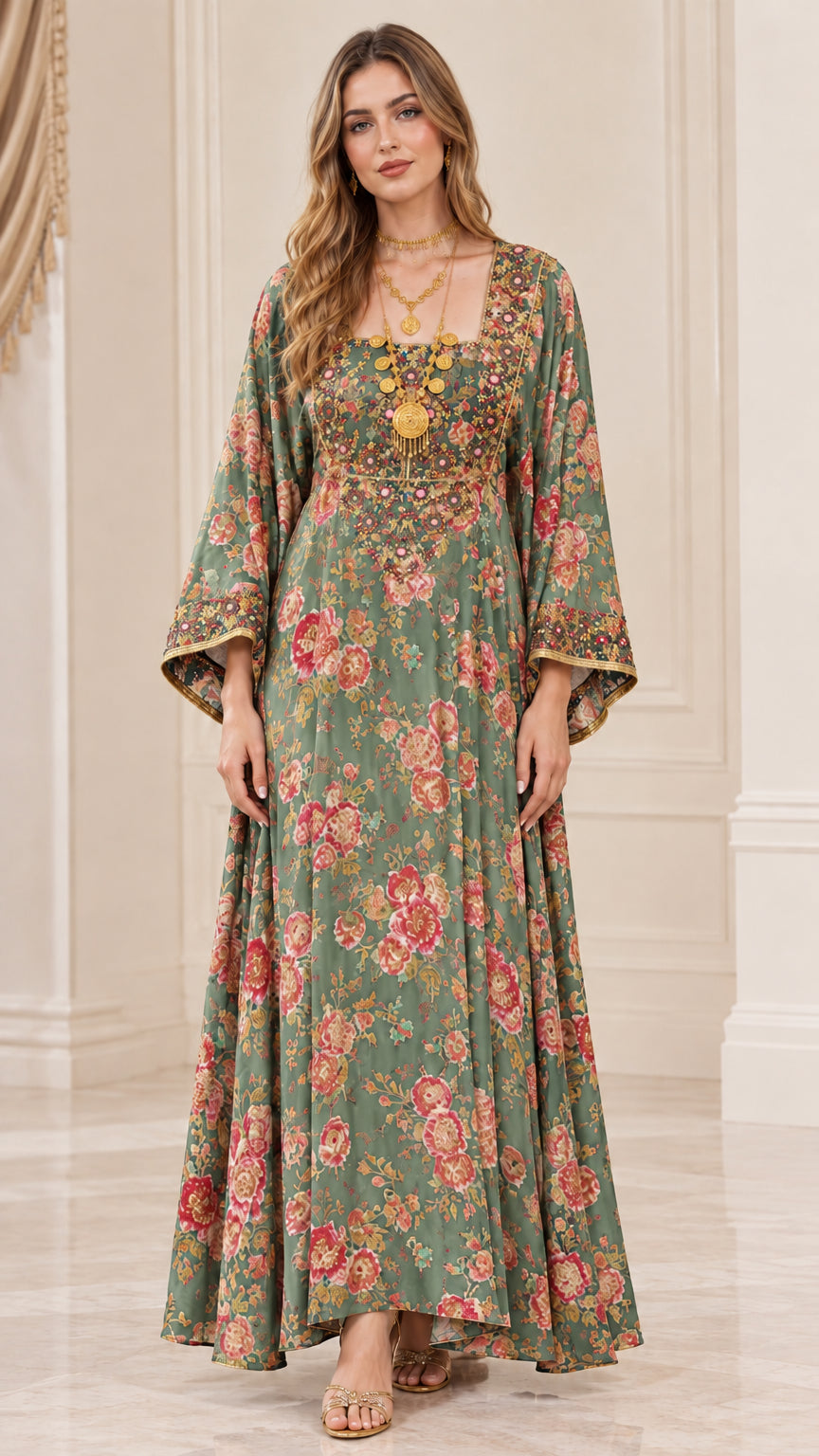 Front view of woman wearing sage green floral embroidered bell sleeve maxi dress