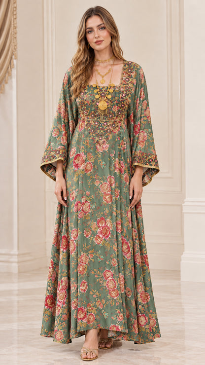 Front view of woman wearing sage green floral embroidered bell sleeve maxi dress
