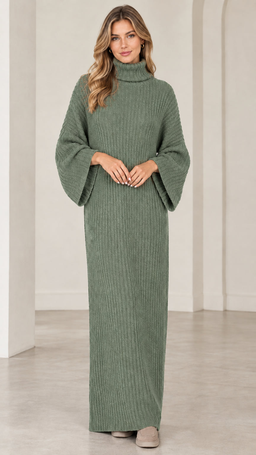Full front view of model wearing sage green turtleneck ribbed maxi sweater dress