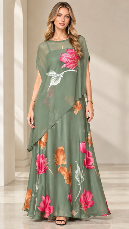 Sage Green floral chiffon capelet maxi dress front view