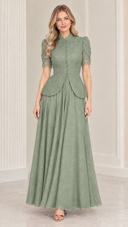 Sage green short sleeve lace peplum formal maxi dress