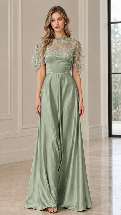 Front view of sage green beaded illusion capelet satin maxi dress