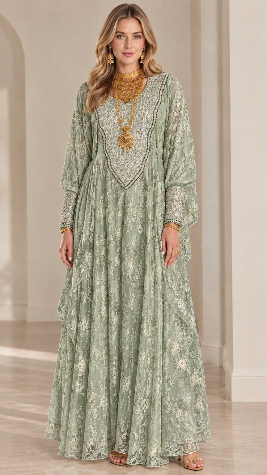 Front view of sage green embroidered lace kaftan maxi dress