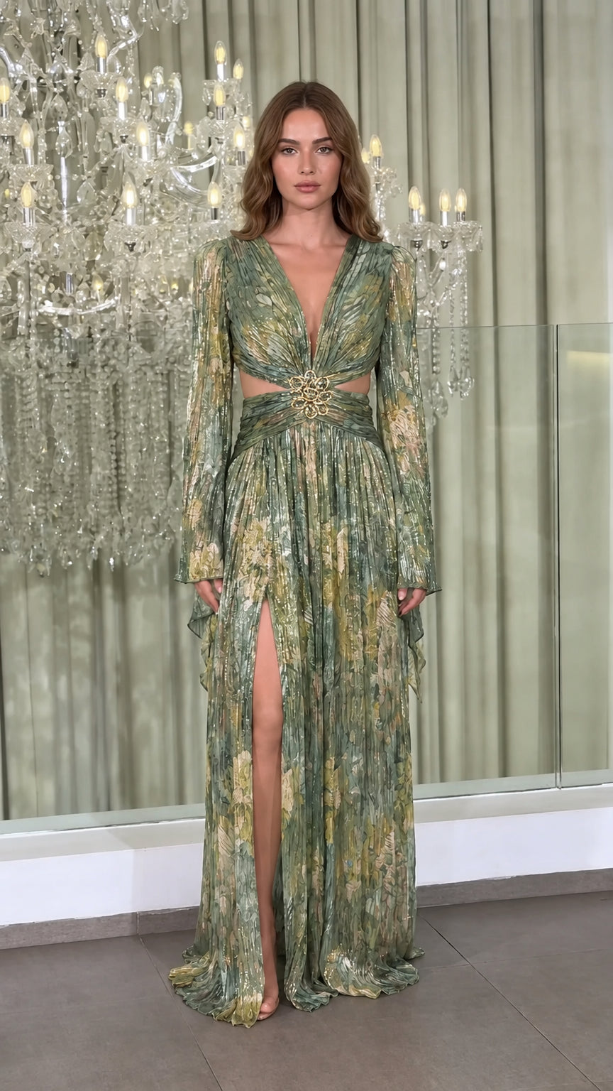 Model wearing Sage Green Multi metallic plissé cutout long sleeve evening gown