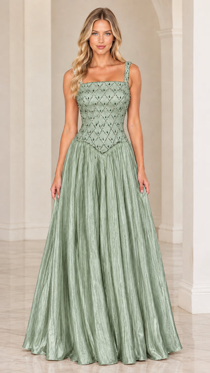 Sage Green embellished square neck evening dress